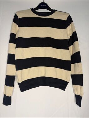 Brandy Melville Navy and Cream Striped Knit Crewneck